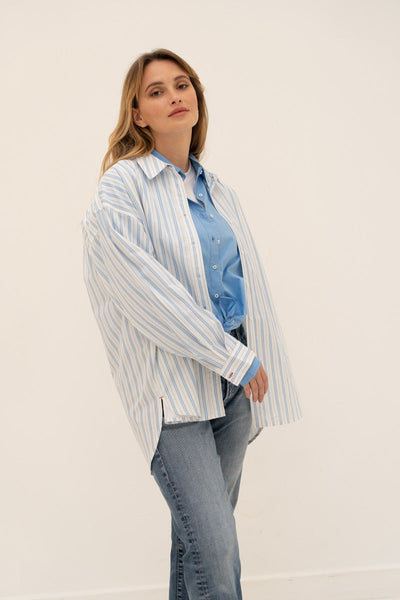 Striped Azur Blue Cotton Shirt-Moment Amsterdam-Maison Femme Boutique