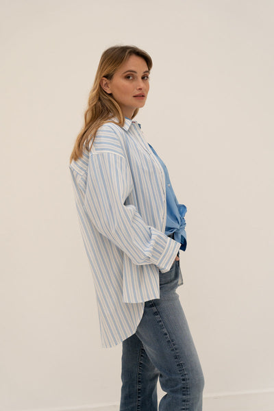 Striped Azur Blue Cotton Shirt-Moment Amsterdam-Maison Femme Boutique